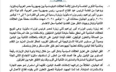 مصر وماليزيا تتفقان على الارتقاء بالعلاقات الثنائية وصولًا إلى مستوى الشراكة الاستراتيجية قريبًا